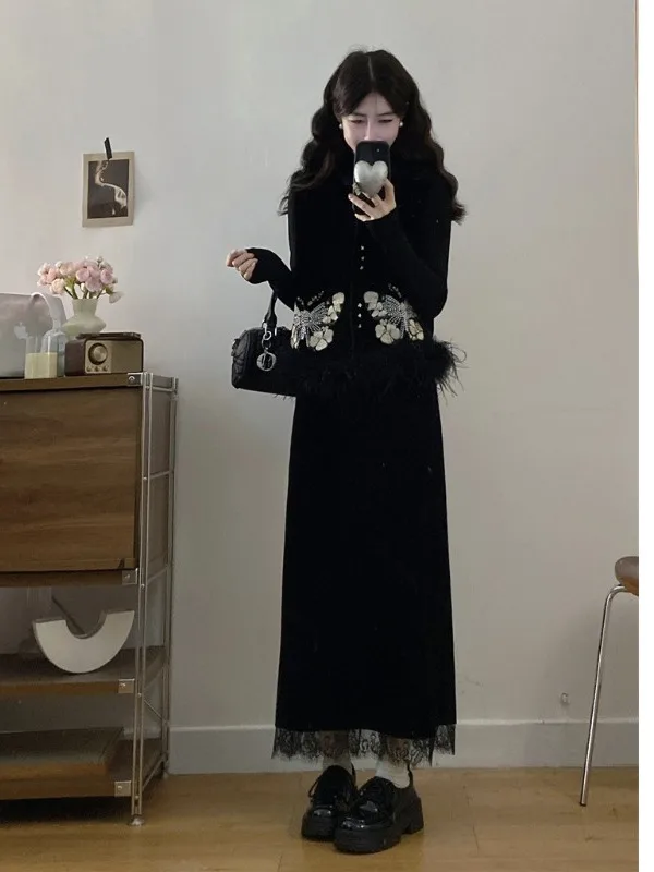 

New Chinese Style plus Size Velvet Set Women's Autumn Vintage Vest Slimming Skirt Elegant Three Piece Set High Waist Skirt