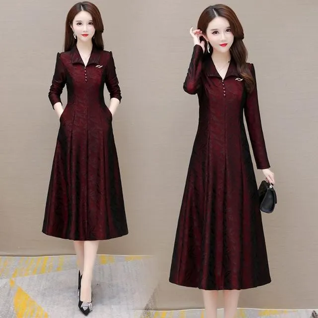 

Elegant RED Long Dresses Women Fall Vintage Slim High Waist Maxi Dress Oversize 5xl Fashion A-line Vestido