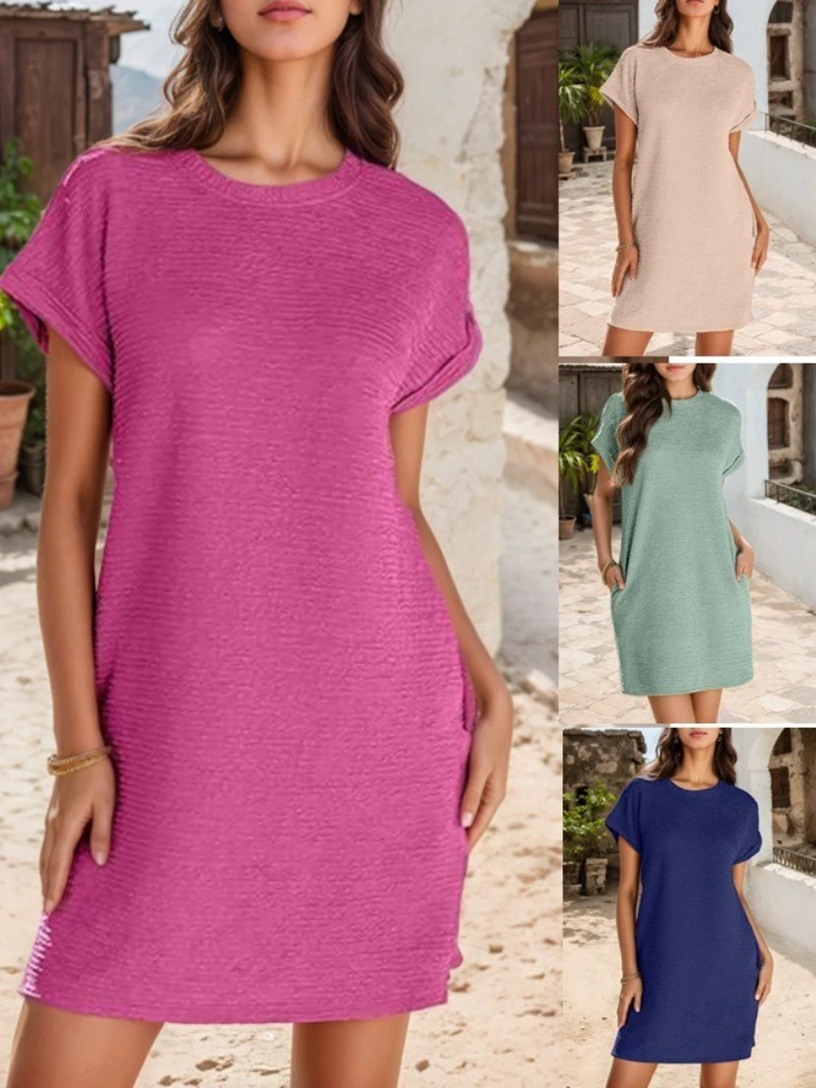 Sommer Neues Modisches Einfarbiges Kleid mit Rundhalsausschnitt, Gekräuselten Ärmeln und Taschen Strandparty-Kleid Damen-Robe Sommerkleid