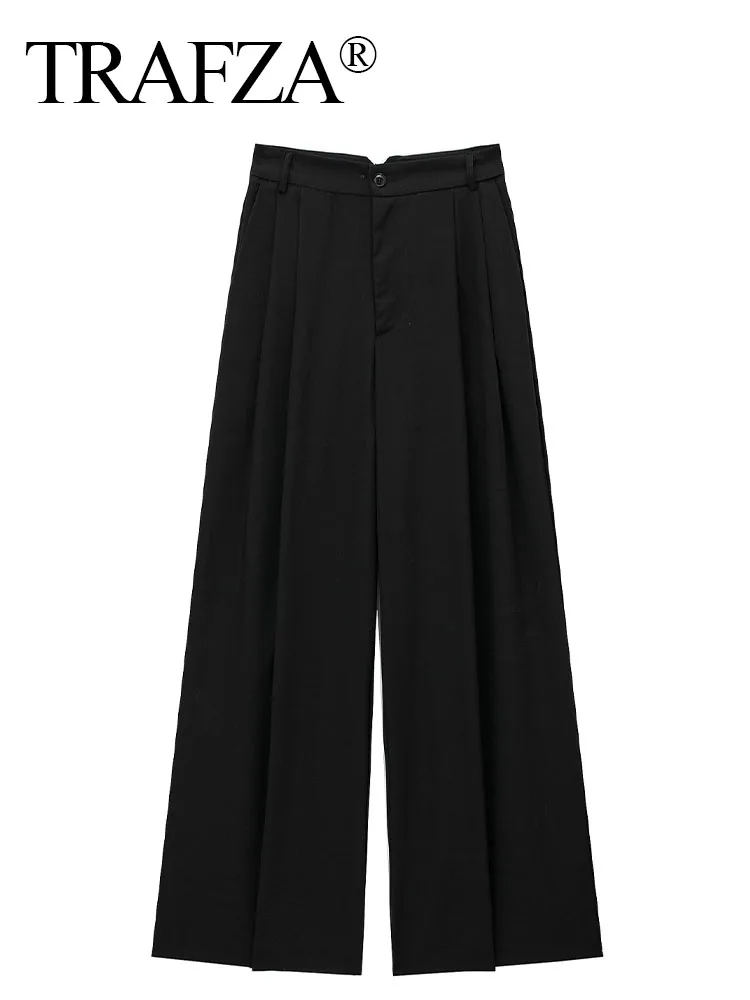 TRAFZA 2024 Women Summer Holiday Pleated High Waist Zipper Pants Female Chic Fashion Ankle-Length Floor-Length Trousers 4 Color