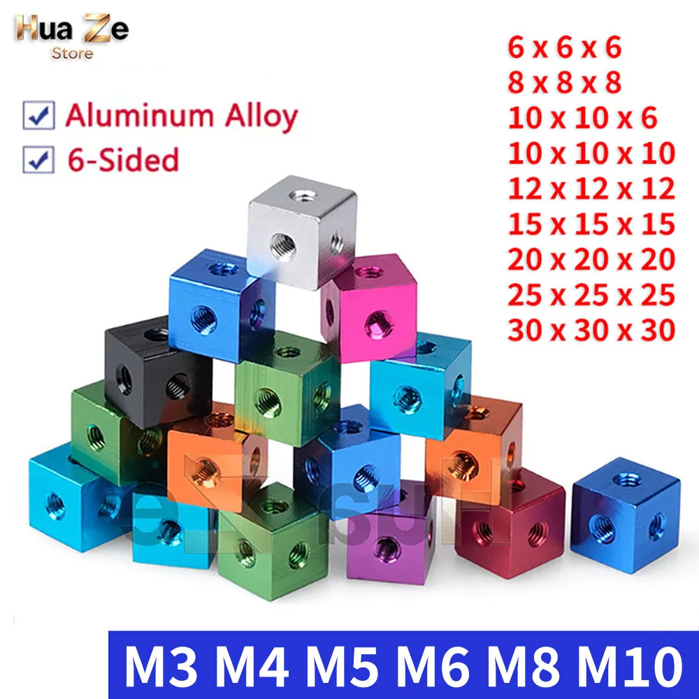 6-Sided Screw M3 M4 M5 M6 M8 M10 Holes Nut Block Aluminum Locking Connection Square Nut Bracket Fixing Thread Plate Block Cube