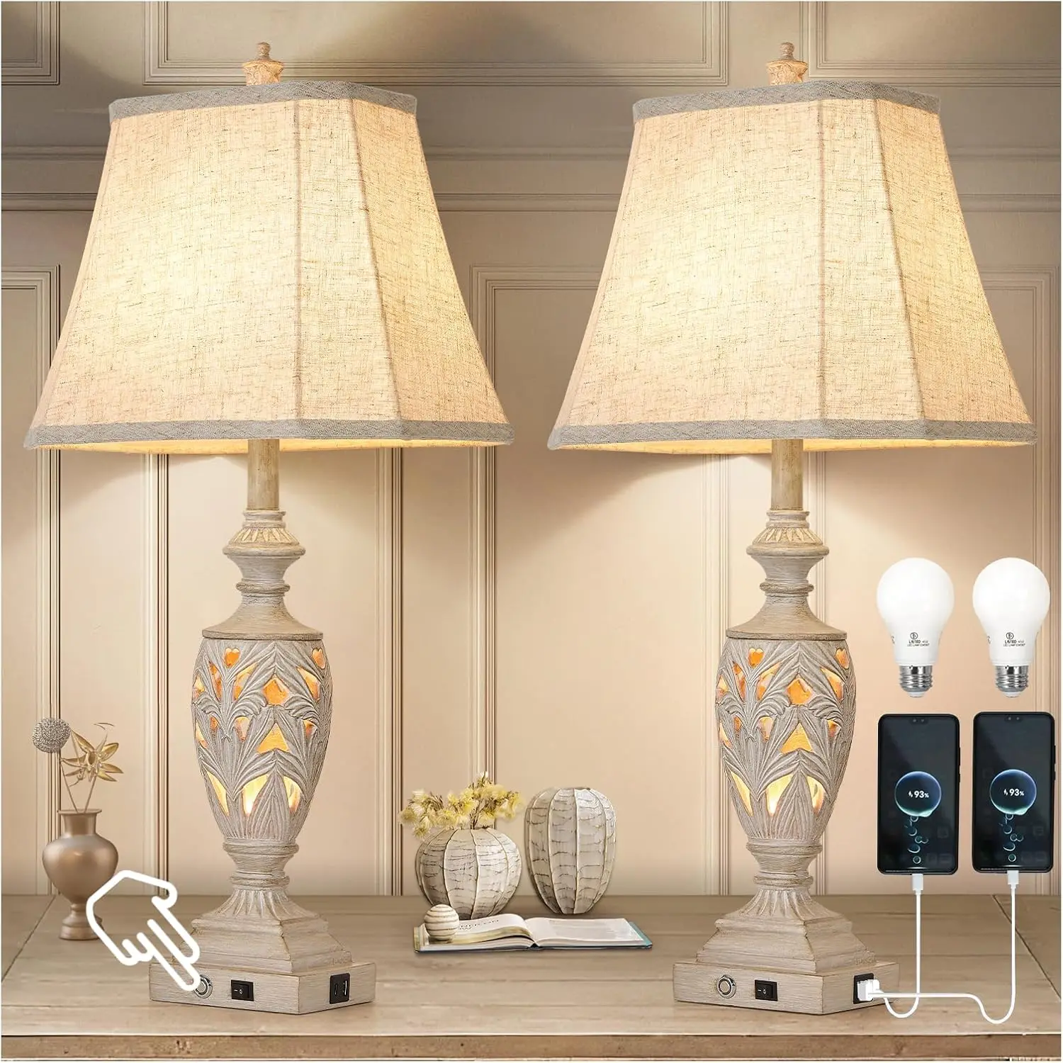 

29.5"H Touch Control Traditional Table Lamp Set of 2, Dual USB Ports, Dimmable Vintage Bedside Lamps for Living Room