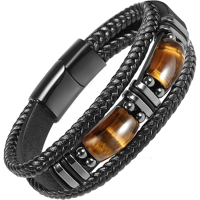 

Tiger Eye Black Leather Bracelet Men Natural Tiger Eye Gemstone Crystal Stone Jewelry Courage And Stress Relief Bracelets