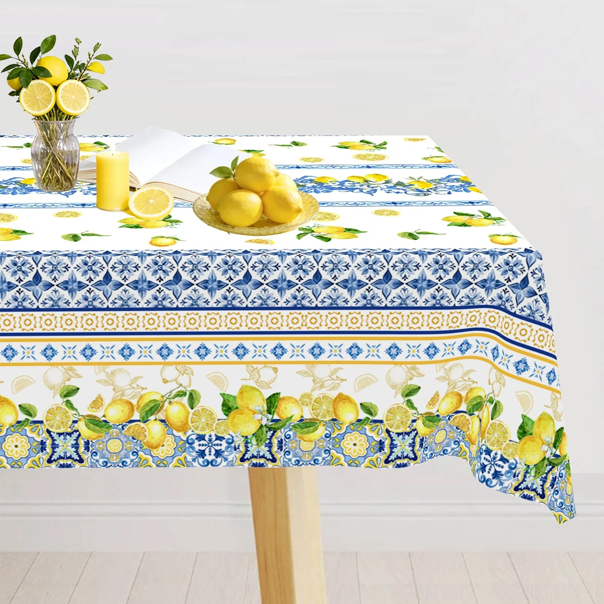 Lemon Tablecloth Disposable Table Cover Yellow and Blue Mediterranean Summer Decor Italian Themed Table Cloth Party Supplies