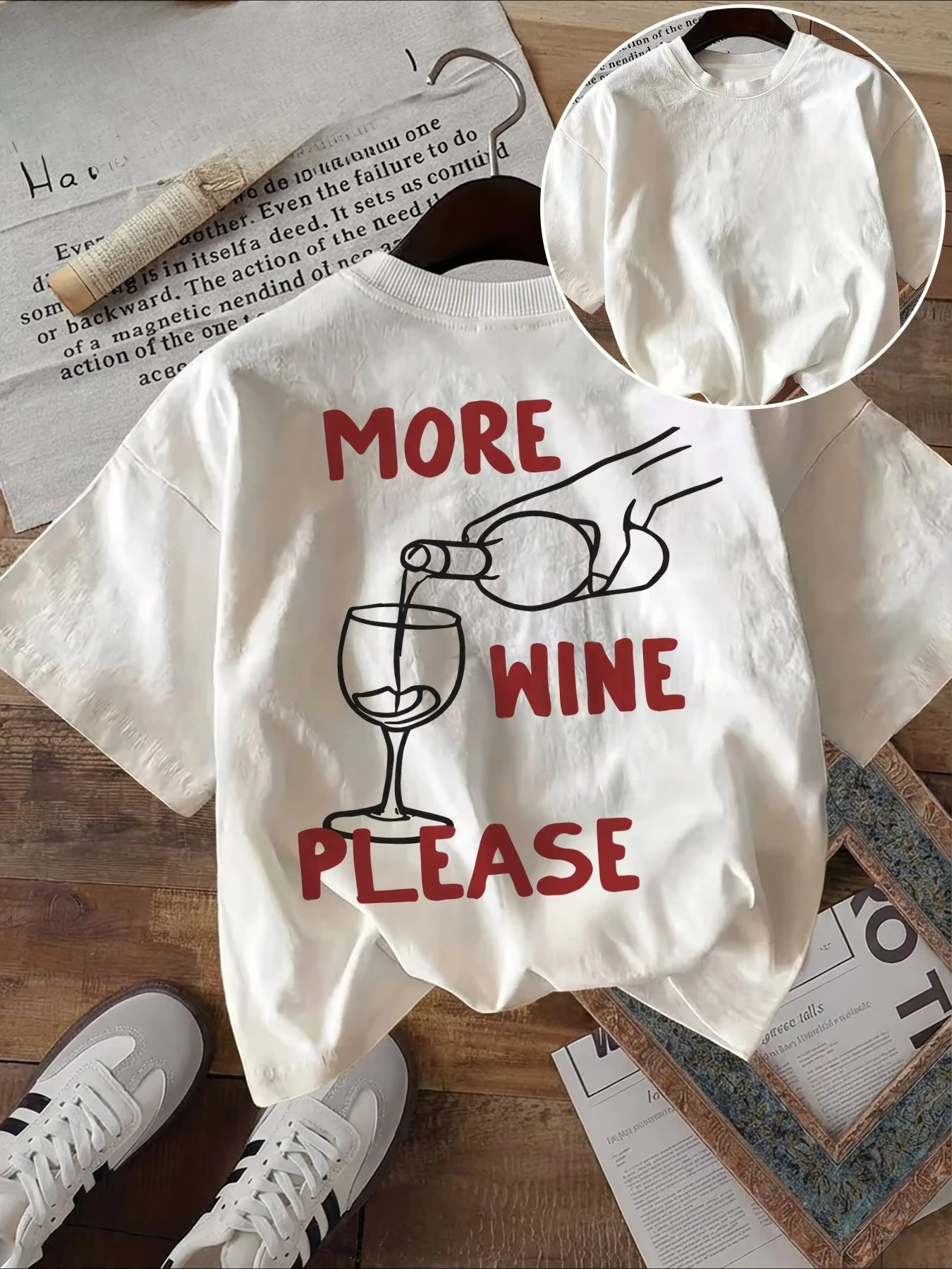 Wine Glass Bottle More Wine Please Printed Women's T Shirt Fashion Graphic Top Round Neck Short Sleeve T-Shirt Female Clothing