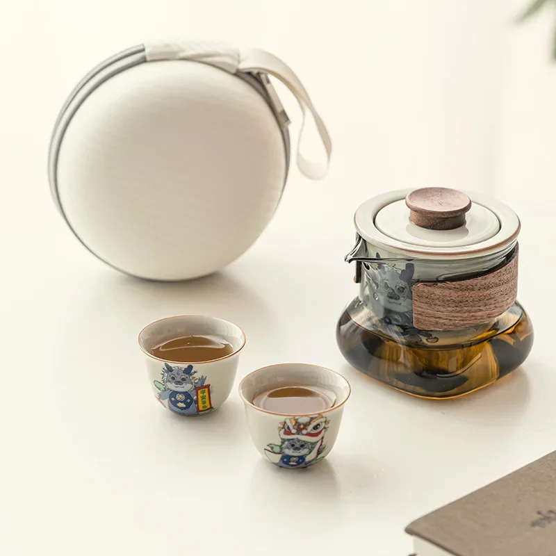 Mihe Glaze Portable Travel Tea Set, 1 Pot, 2 Cups, Outdoor Camping Tea Making, Ceramic Small Set