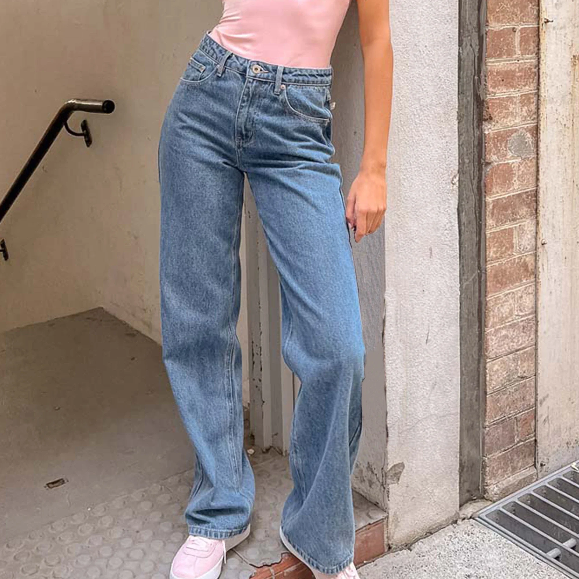 

Vintage Women Mid Rise Baggy Jeans Fashion Casual 3D Bow Straight Leg Denim Pants with Pockets Y2K Retro Streetwear