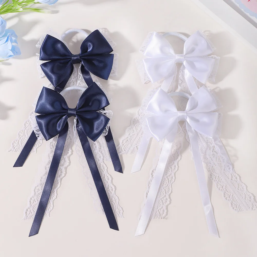 2 Lazos de Satén con Cola Larga para el Cabello, Par a Juego, Bandas para Cola de Caballo, Accesorios Escolares para Niñas Estilo JK Lolita