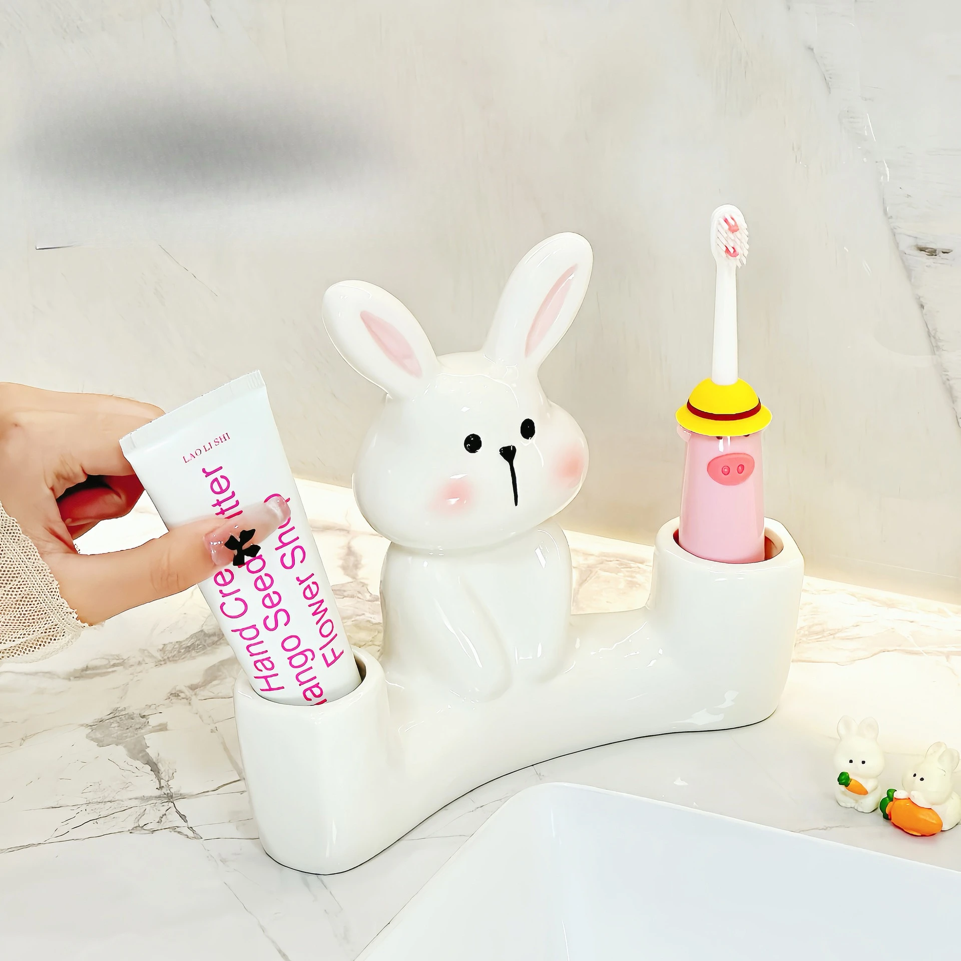 Cute Rabbit Toothbrush Holder Bathroom Electric Toothbrush Cup Non Perforated Mouthwash Storage Shelf