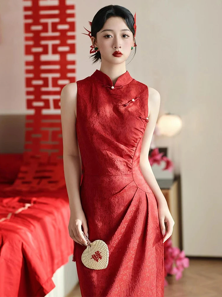 

Красное элегантное свадебное платье в китайском стиле для невесты, короткое женское вечернее платье с длинной юбкой для свадебной церемонии