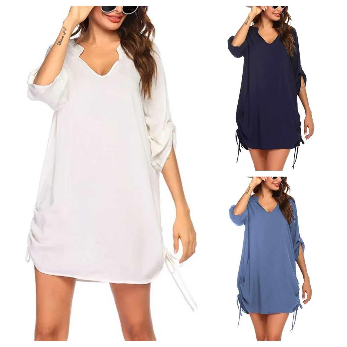 New European and American women's V-neck pleated drawstring beach vacation dress