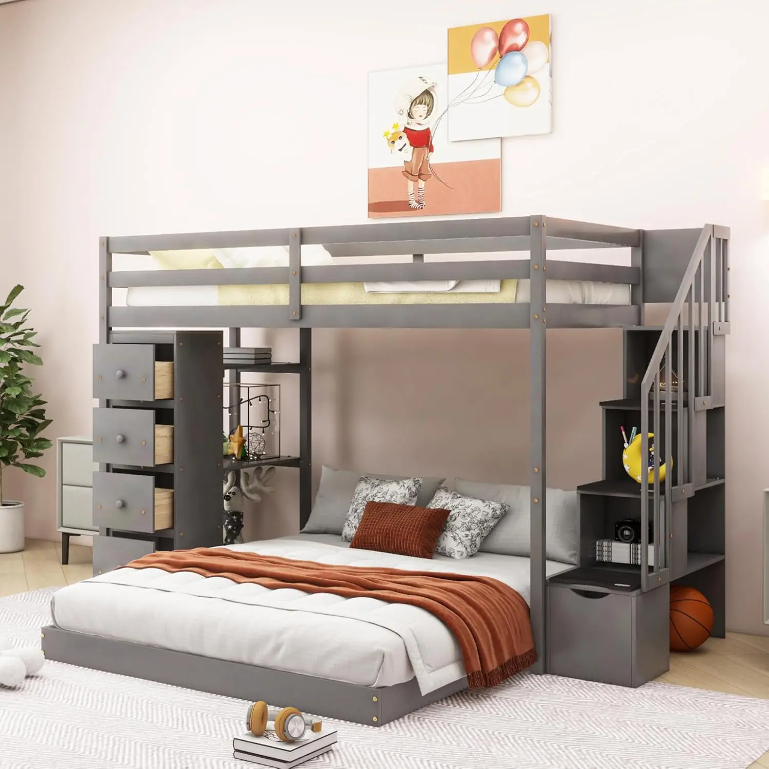 

Twin Over Full Bunk Bed Frame For Boys Girls Kids Adults Toddler With 3-Layer Shelves, Drawers And Storage Stairs, Gray