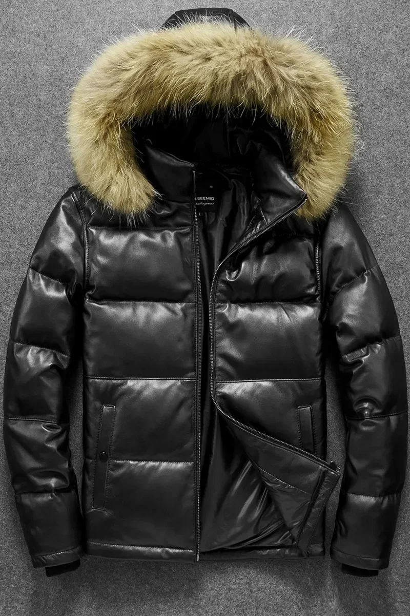 2022 New Winter Jackets Men Genuine Leather Down Jacket Men\'s Padded Real Sheepskin Coats Hooded Thick Warm Leather Coat Jaqueta