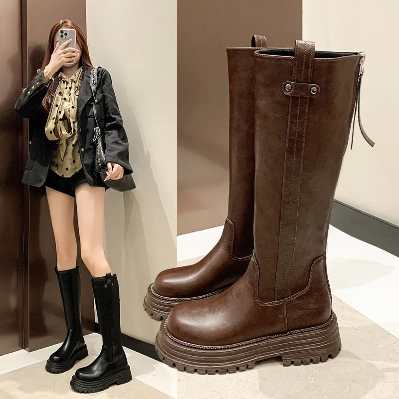 

Модные эластичные длинные сапоги на толстом каблуке, женские осенне-зимние сапоги больших размеров до колена с V-образным вырезом, рыцарские сапоги с круглым носком, резиновая подошва