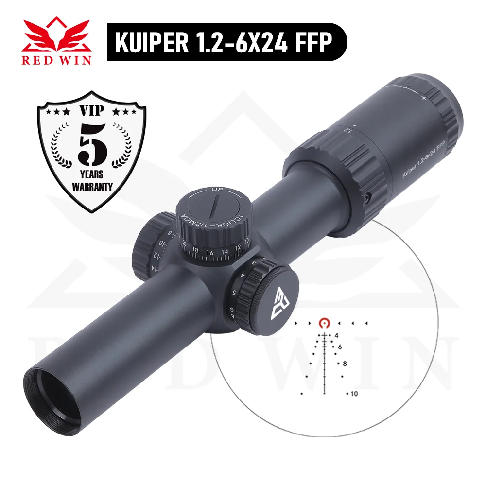 

Red Win Zero Lock Turret 1/2MOA Adjust BDC Reticle Wind Hold Quick Acquisition Kuiper HD 1.2-6x24 FFP AR15 Compact Rifle Scope