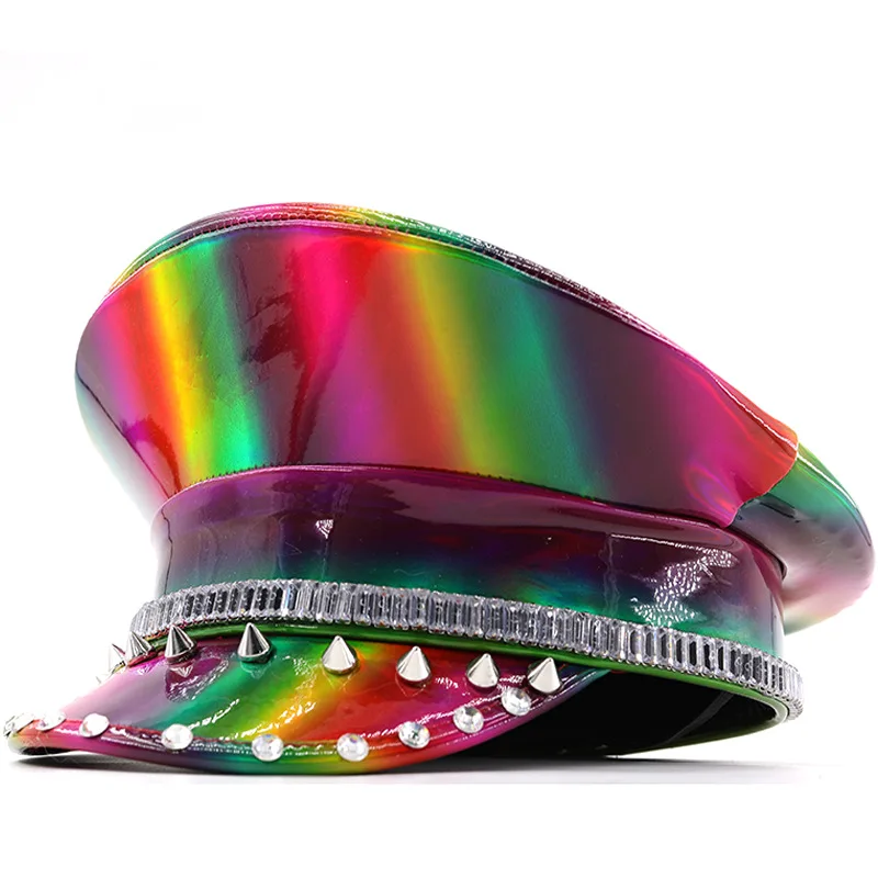 Colorful Laser Patent Leather Studded Flat Hat For Women Party Pu Leather Navy Hat Cross-border Glossy Performance Beret