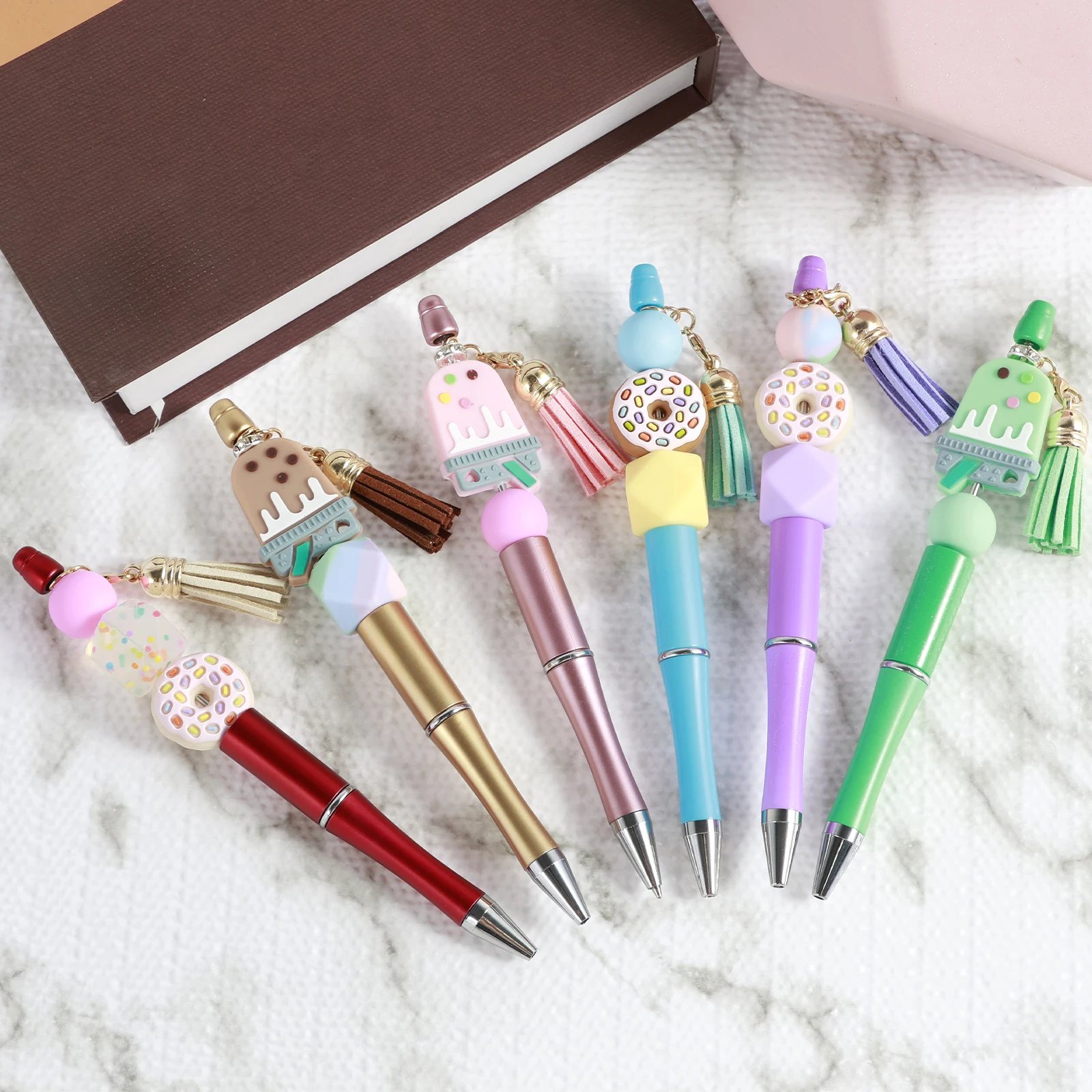 

12Pcs DIY Beaded Pens Beadable Pen Set Assorted Plastic Bead Pens with Colorful Beads and Spacer Beads Sister/Donut Themed