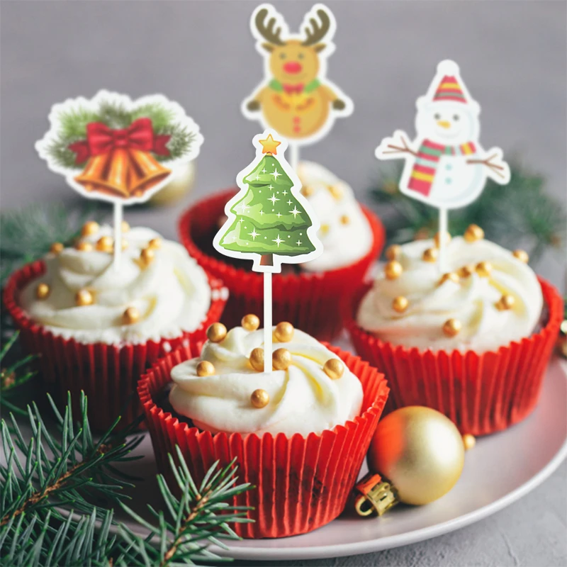 

24pcs Merry Christmas Cake Toppers Cartoon Santa Claus Xmas Tree Cupcake Toppers For Xmas New Year Party Supplies Navidad Noel