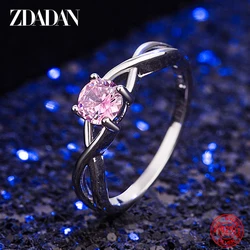 ZDADAN 925 Sterling Silver Pink Zircon Rings For Women Fashion Wedding Jewelry