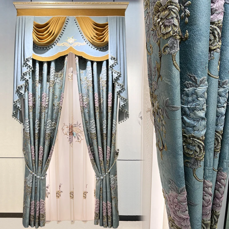 

Custom curtain Blue embossed chenille jacquard European window screen cloth blackout curtain tulle valance drape C1025