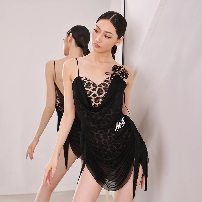 Summer Latin Dance Dress Women Practice Clothing Leopard Print Fringe Dress Cha Cha Rumba Samba Dance Clothes Adult Club BL13415