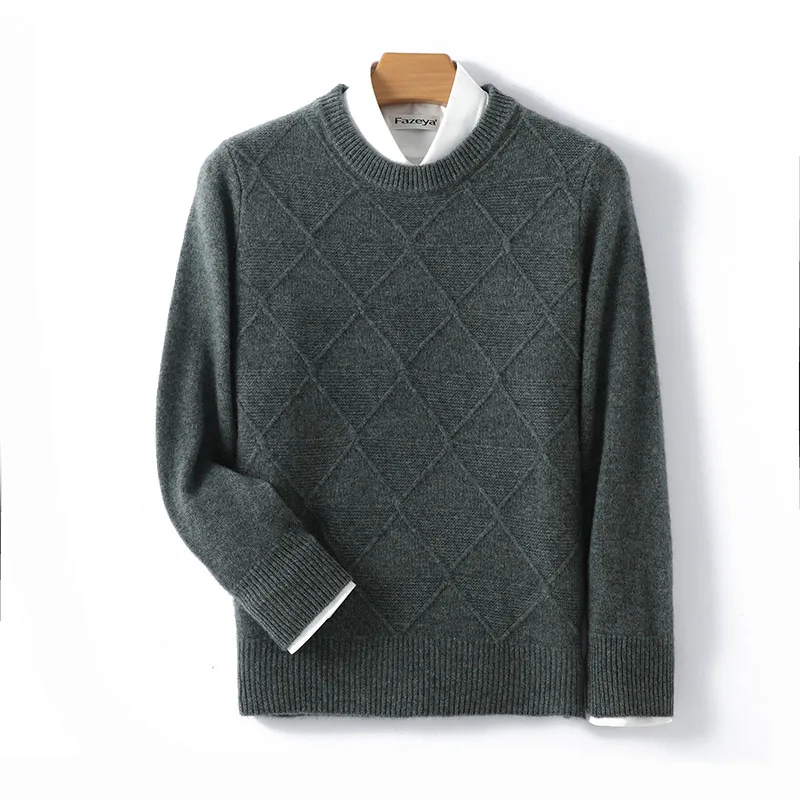 

Cashmere Sweater Men Round Neck Winter Thickened 100% Pure Wool Men's Diamond Pullover Sweater Solid Color Casual Base Shirt