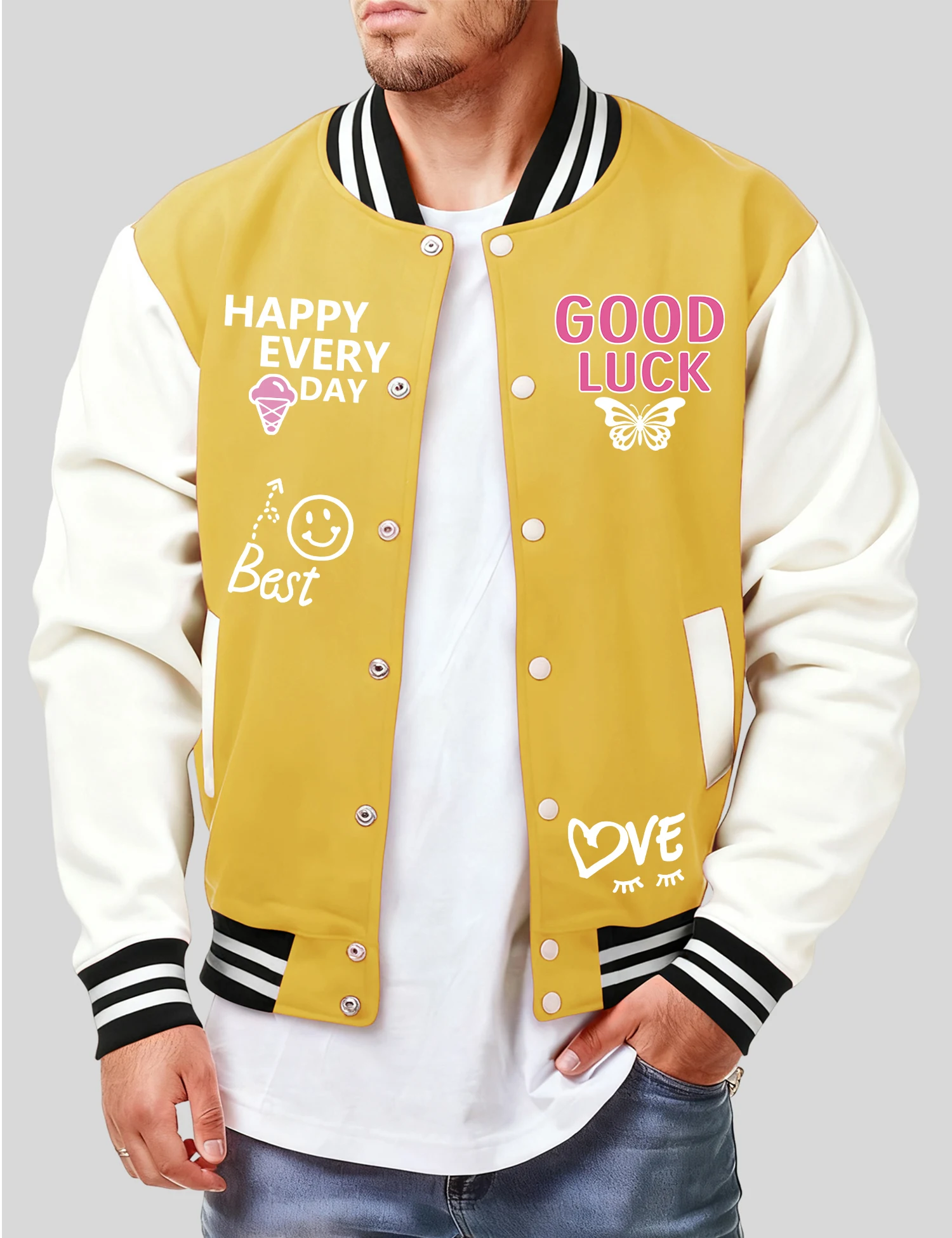 

Бейсбольная куртка с принтом Good Luck Happy Every Day для мужчин, модный мягкий трикотаж, осеннее свободное пальто, свободная повседневная одежда унисекс