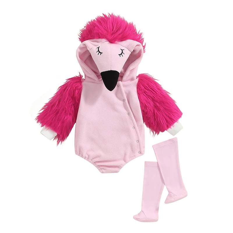 Baby Flamingo Costume Fuzzy Long Sleeve Romper with Leg Warmers Halloween Outfits for Boys Girls