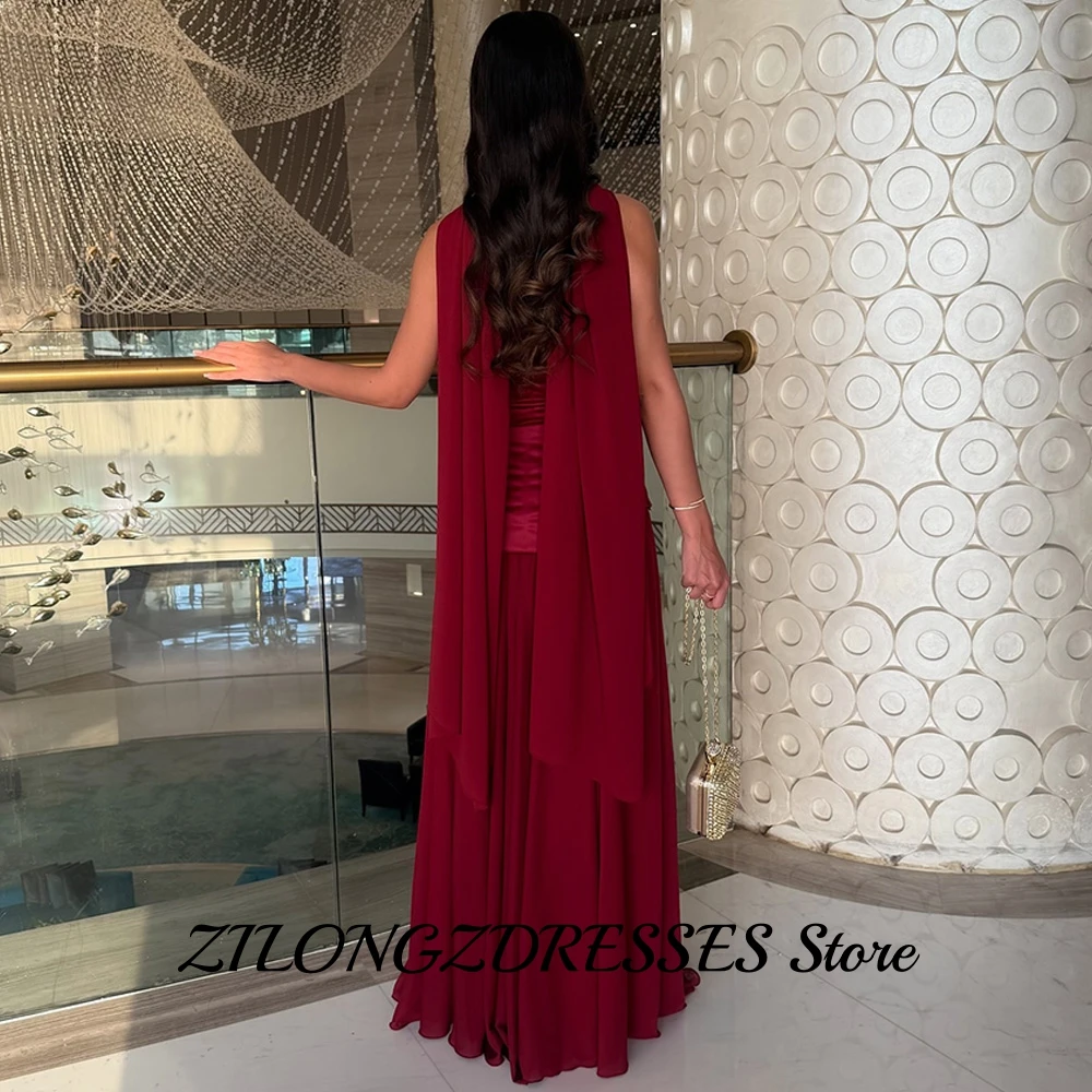 Formal borgonha cetim e chiffon vestido de noite personalizado sem alças sem mangas vestidos de baile miçangas fitas vestidos de festa