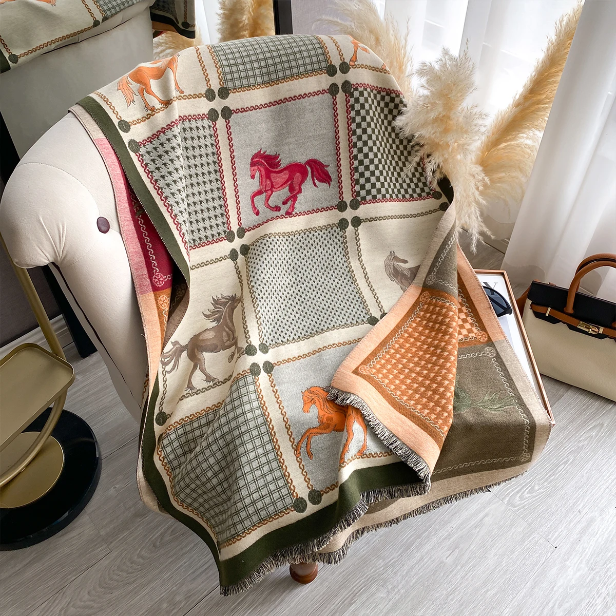 Neue Luxus Marke Zweiseitige Jacquard Schal Kaschmir Weiche Warme Fringe Pashmina Das Pferd Schal Winter Kältebeständig Winddicht Decke – Detail 20