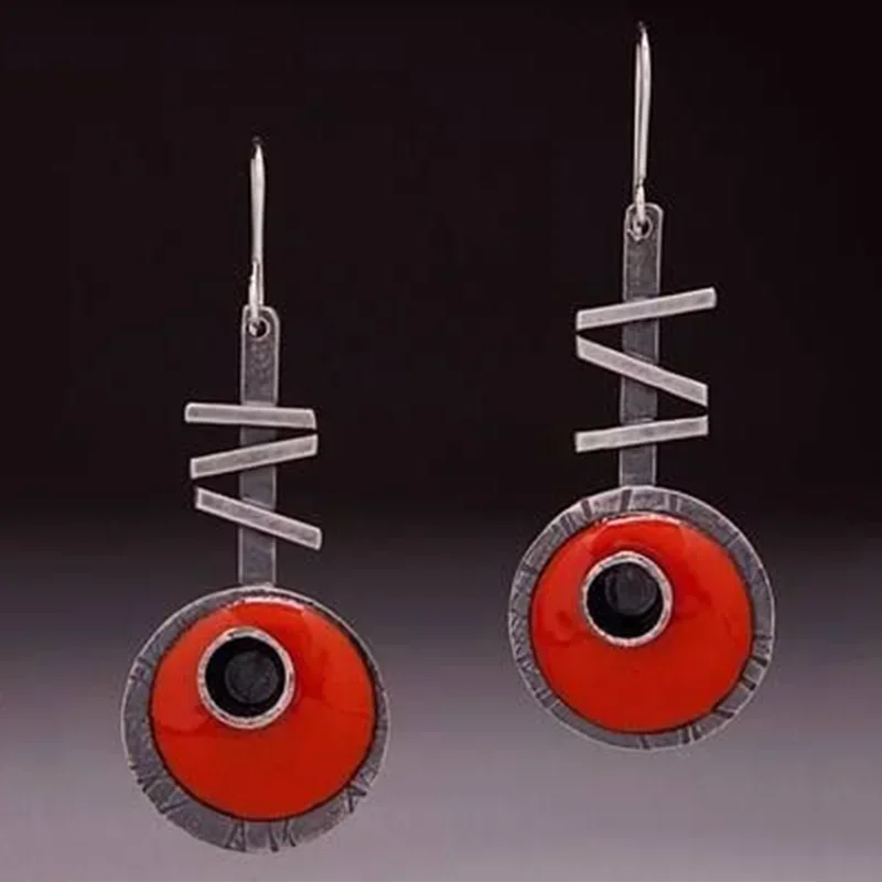 

New Tribal Round Red Black Oil Dripping Earrings Retro Jewelry Silver Color Metal Handmade Dangle Earring Women Birthday Gifts