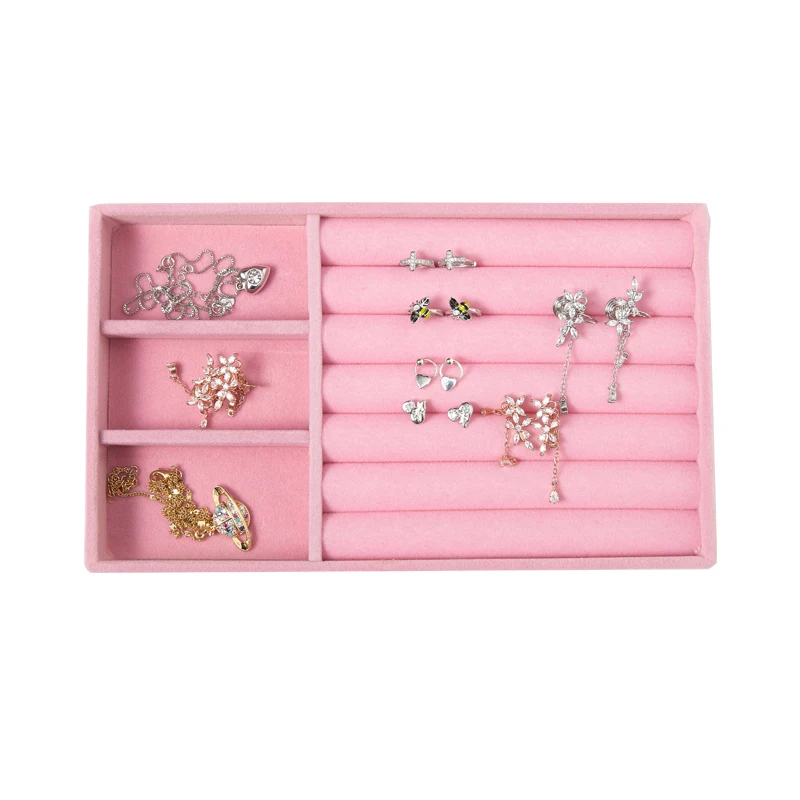 Pink  Jewelry Organizer Velvet Jewelry Storage Tray Display Ring Bracelet Necklace Storage Box Showcase Drawer Organizer Trays