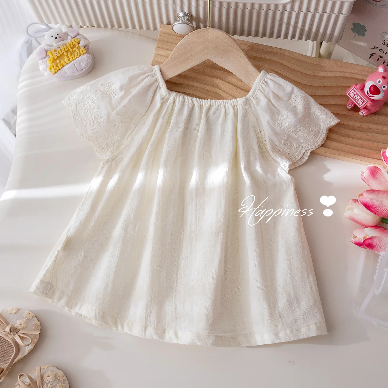 Girls Summer Lace Sleeve Doll Shirt Soft Flower Embroidered Shirt Baby Fresh Summer Versatile T-Shirt