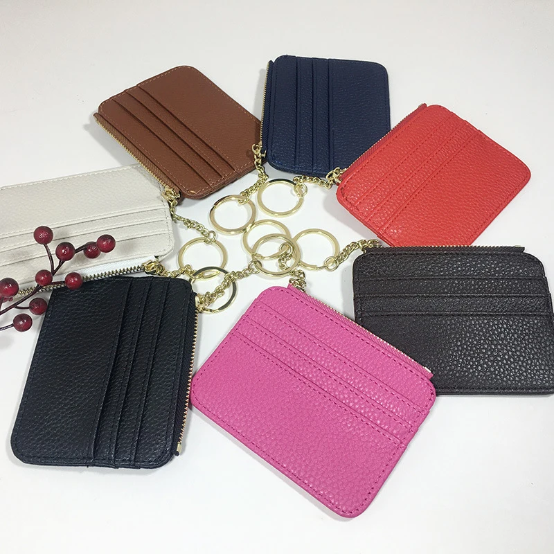 7 Slots Cards Ultra-thin PU Leather Credential Card Holder Pendant Keychain Zipper Card Bag Coin Wallet Solid Color Change Purse