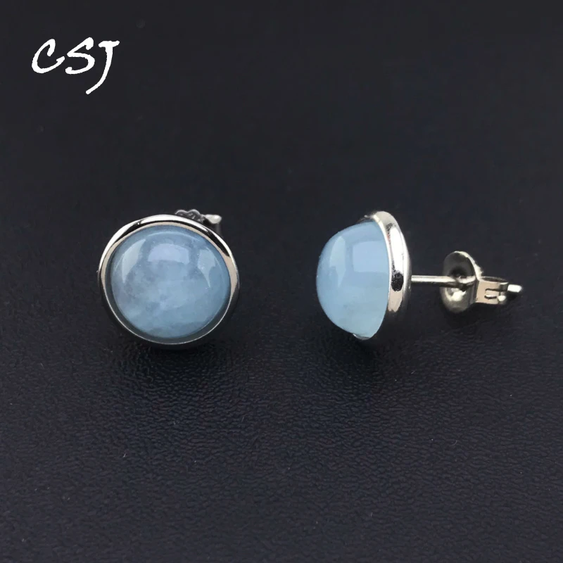 CSJ Elegant Natural Aquamarine Stud Earrings Sterling 925 Silver Beryl Gemstone 8mm for Women Birthday Party Jewelry Gift