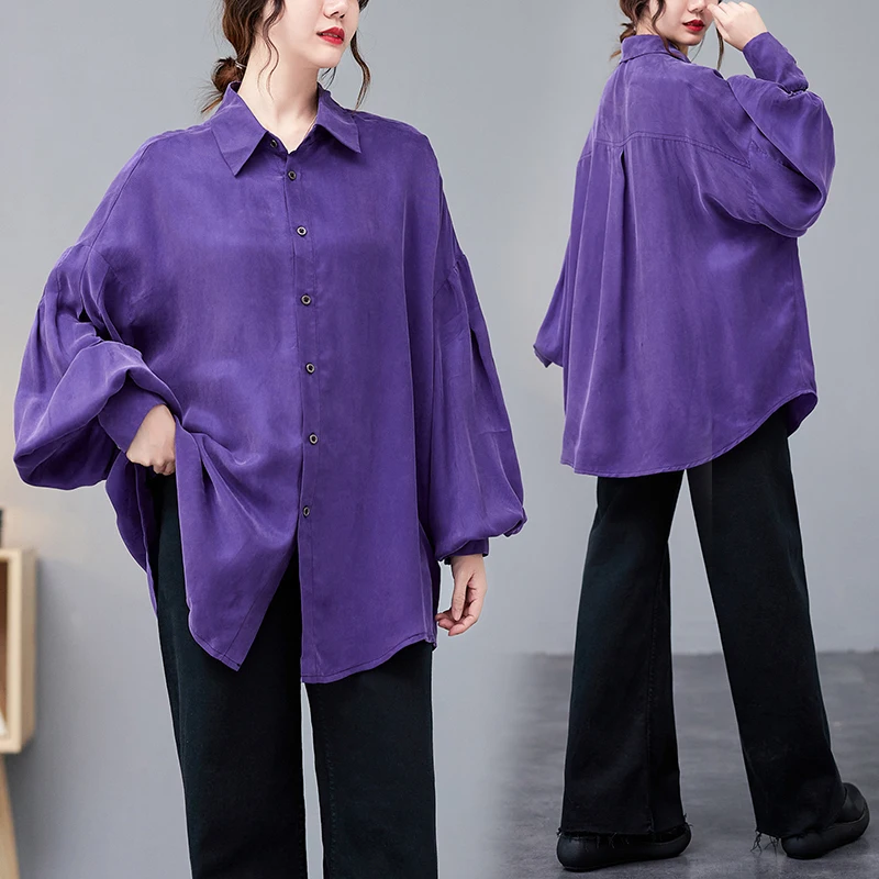 

Loose Long Sleeve Copper Ammonia Silk Shirt Jacket Women's Autumn New Style Artistic Anti-Aging Top Large Size Fashion