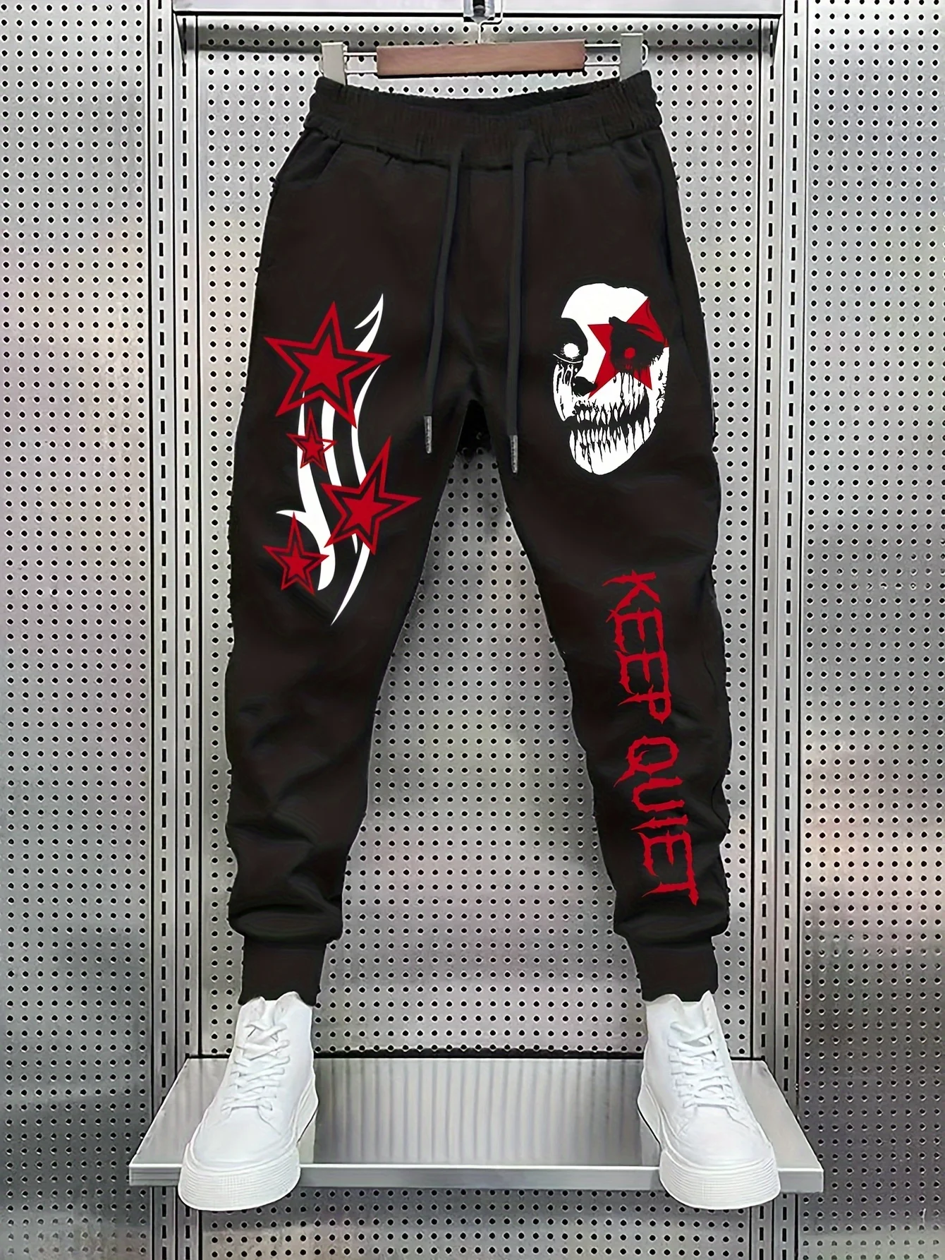 Eye‑catching dark street‑wear scary skull graphic red star vertical text art print sweatpants men hip hop sports jogger trousers
