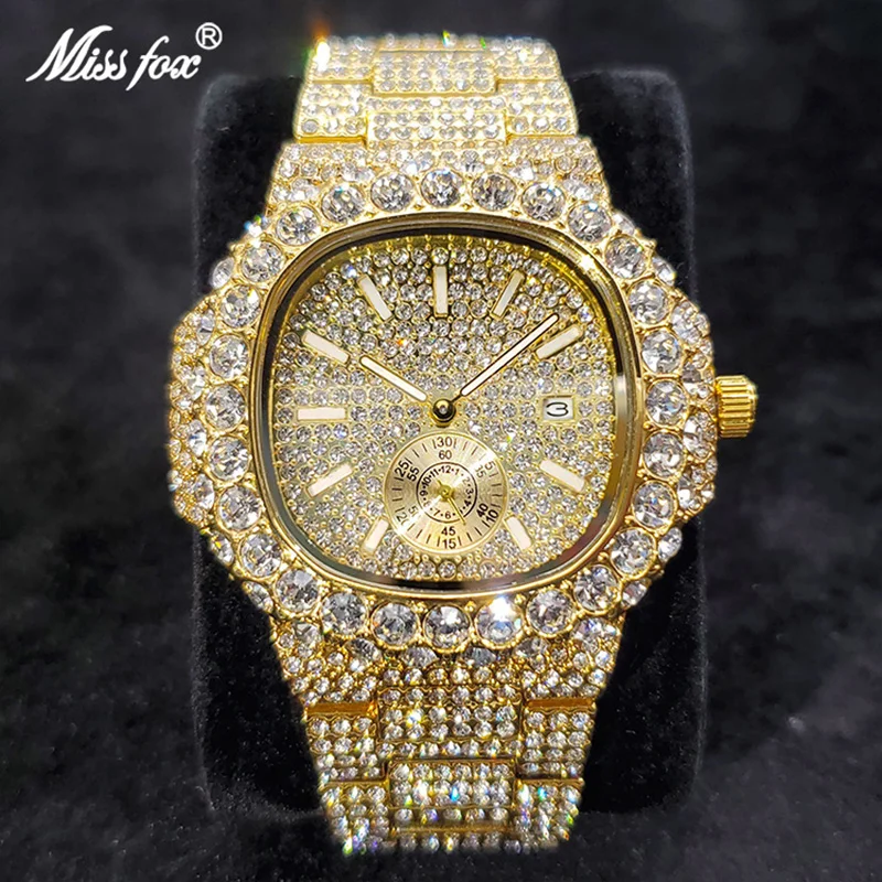 

MISSFOX Iced Out Watch For Men Luxury Fashion Gold Quartz Watches Hip Hop High Quality Waterproof Male Daimond Clock 2022 New