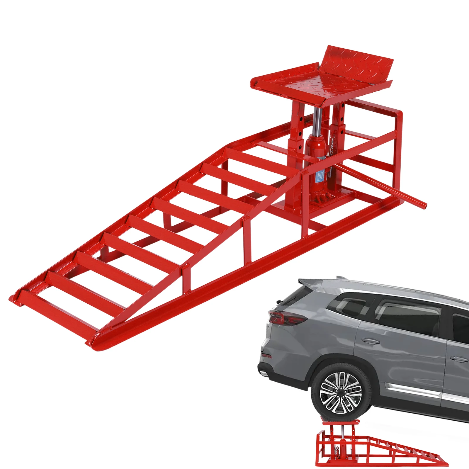 

Heavy-Duty Hydraulic Car Ramps - 5T Load Capacity with Anti-Slip Triangular Plate and Ring Chain Bolt, Adjustable 9.3-14" Height