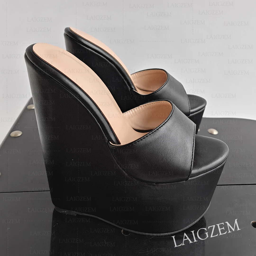 LAIGZEM Women Platform Wedges High Heels Slip On 17CM High Heel Faux Leather Handmade Ladies Shoes Woman Plus Size 39 41 45 47