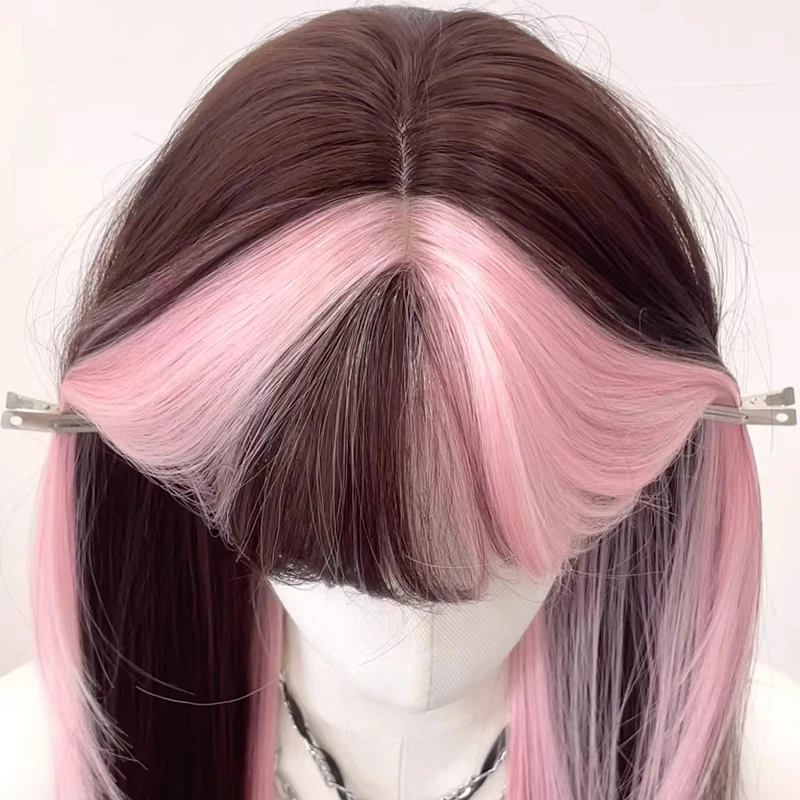 Peluca larga y recta para mujer con mechas rosadas, sintética, extensión, estilo Jirai Kei, para cosplay de Draculaura 2