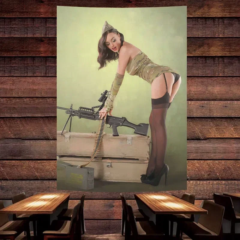 Sexy Girl with Machine Gun Poster Banner Seductive Pin Up Art Flag Wall Painting Tapestry Bar Pub Man Cave Wall Decor Sticker