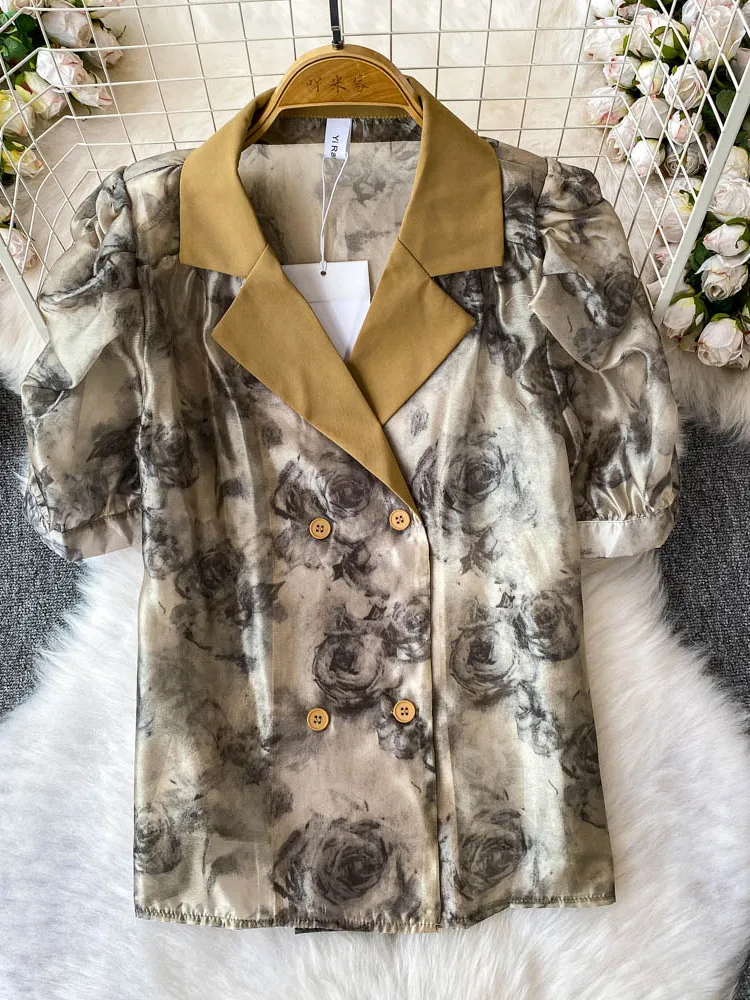 

Ele Cheered Suit Collar irt Women's Faionable Print Anti-Aging Bubble Sve Blouse Korean Sle Loose Fit