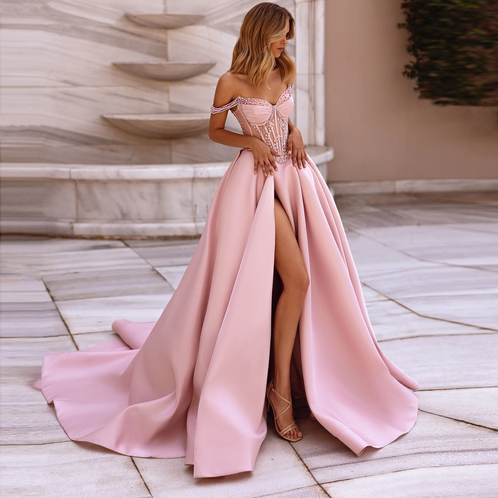 Vestidos de noche árabes de Dubai, elegantes, rosas, con hombros descubiertos, tafetán con cuentas, línea A, vestido de fiesta de boda, vestidos de fiesta con hendidura