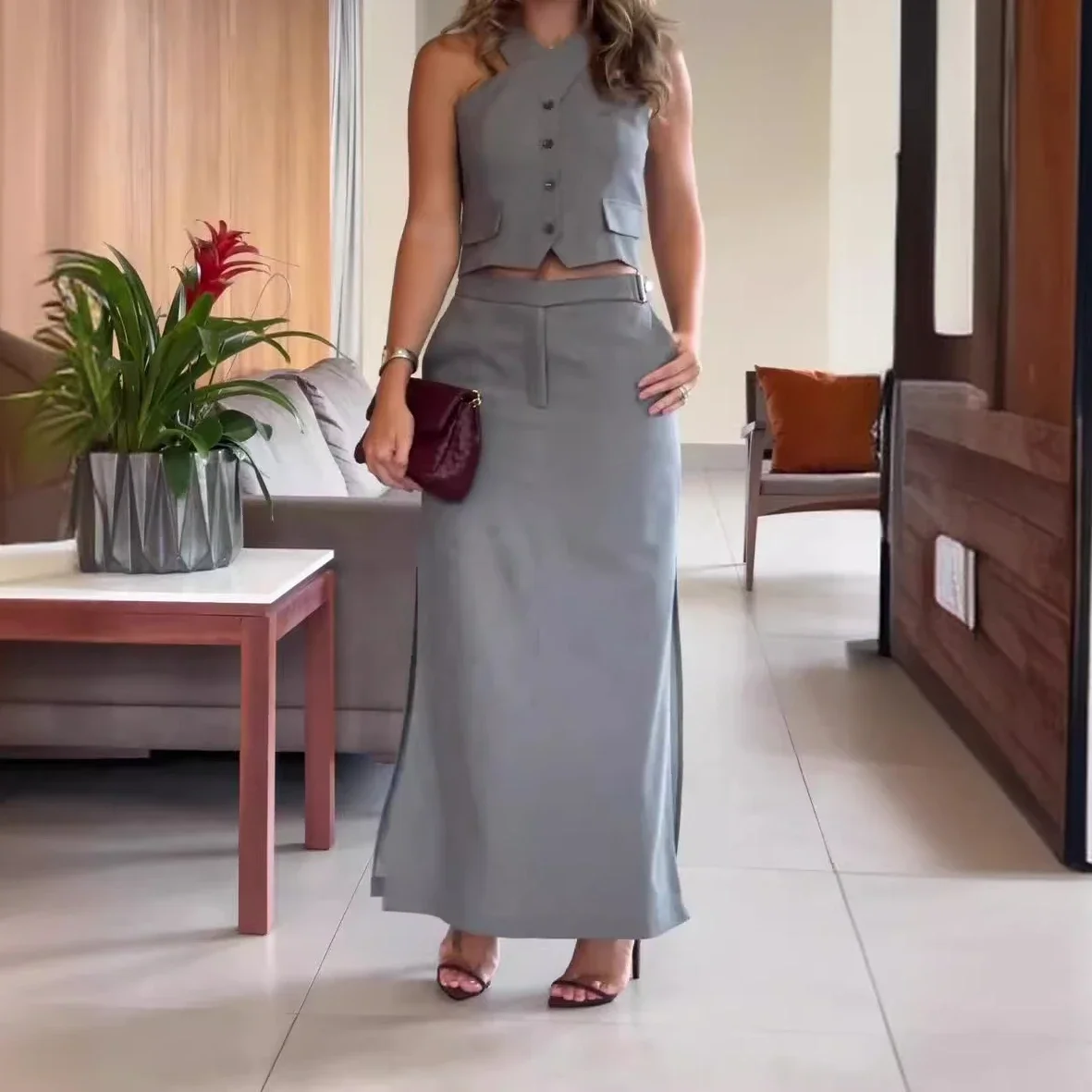 Women Skirts Set Two Piece Sets Dress Sets Sleeveless Casual Vest Tops Mid Length Skirts High Waist Y2k Elegant Splice Summer