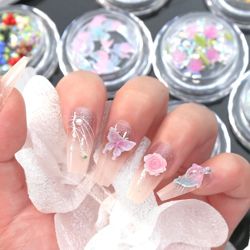 1Box Nail Art Pearls Butterfly Resin Stones Gems Multi-Styles Sparkle Nail Designs Charms DIY Manicure 3D Decals Crafts