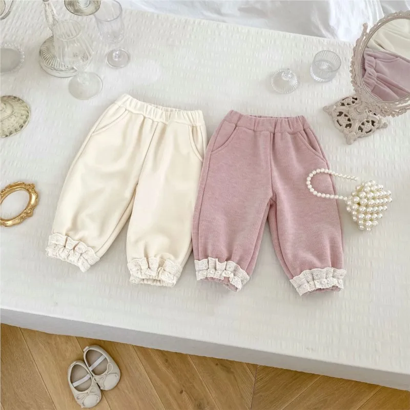 Newborn Baby Girl Cotton Lace Fleece Inside Loose Pants Infant Child Solid Warm Thick Casual Trousers Winter Baby Clothes 9M-3T