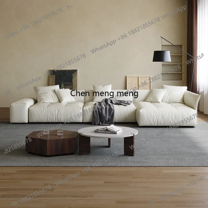 

H Cream style French all-leather modern large flat-layer straight-row princess leather sofa