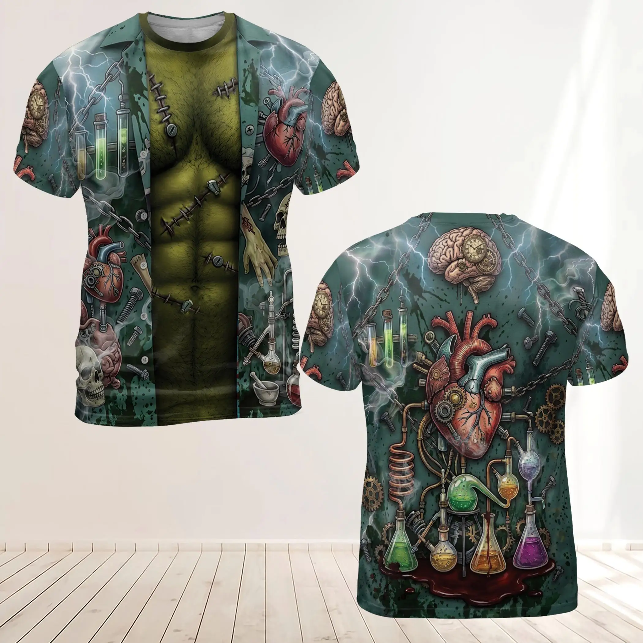 Unisex Halloween Horror 3D Print T‑Shirt Men Women Fake Open Shirt Short‑Sleeve Tops Spooky Gothic Cosplay Party Novelty Tees