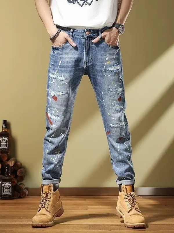 

Hong Kong High-End Men's Slim Fit Jeans Distred Ink Splatter Long Pants Casual Wear Youth Faion Wear Summer Collection